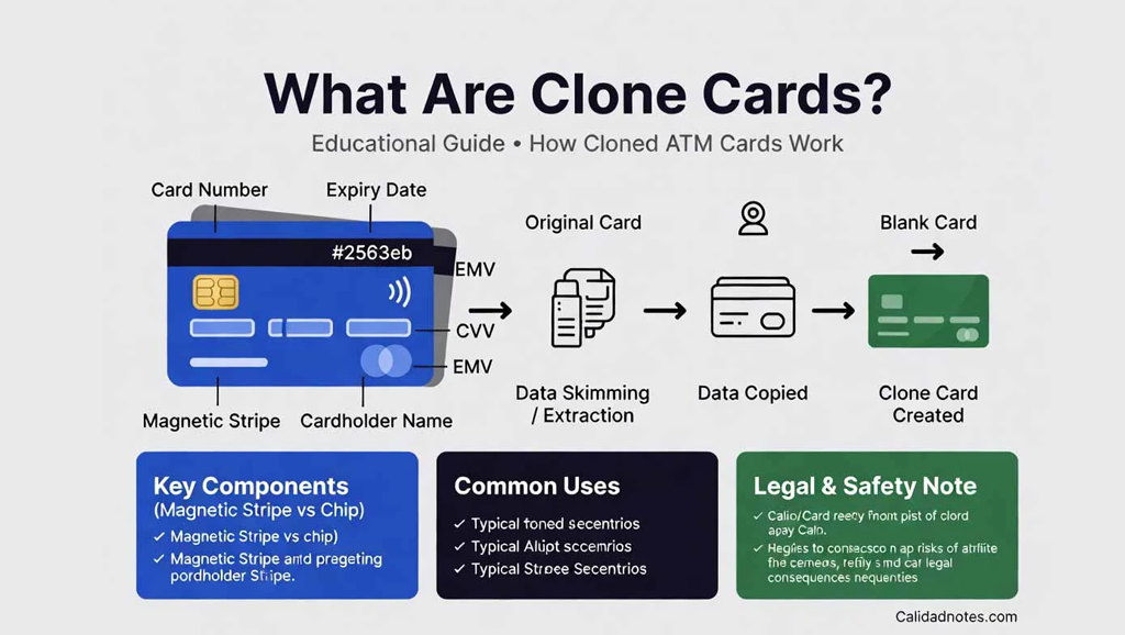 Infographic checklist showing traits of a legitimate clone card vendor like professional website, secure payment, and customer support